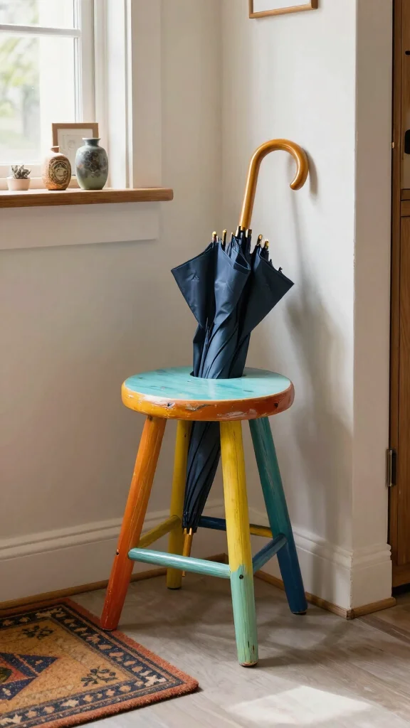 10 Entryway Umbrella Stand Ideas for a Stylish Practical Entrance Detail - 10. Upcycled Stool Stand 1