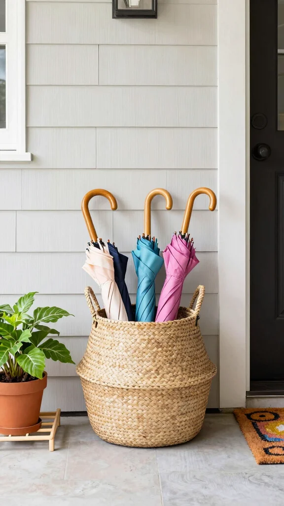 10 Entryway Umbrella Stand Ideas for a Stylish Practical Entrance Detail - 3. Chic Woven Basket 1