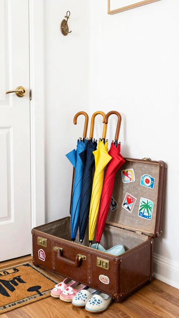 10 Entryway Umbrella Stand Ideas for a Stylish Practical Entrance Detail - 5. Vintage Suitcase Holder 1