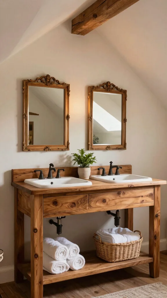 11 Attic Jack-and-Jill Bathroom Ideas for a Shared Stylish Top-Floor Space - 1. Rustic Wooden Vanity with Dual Sinks 1