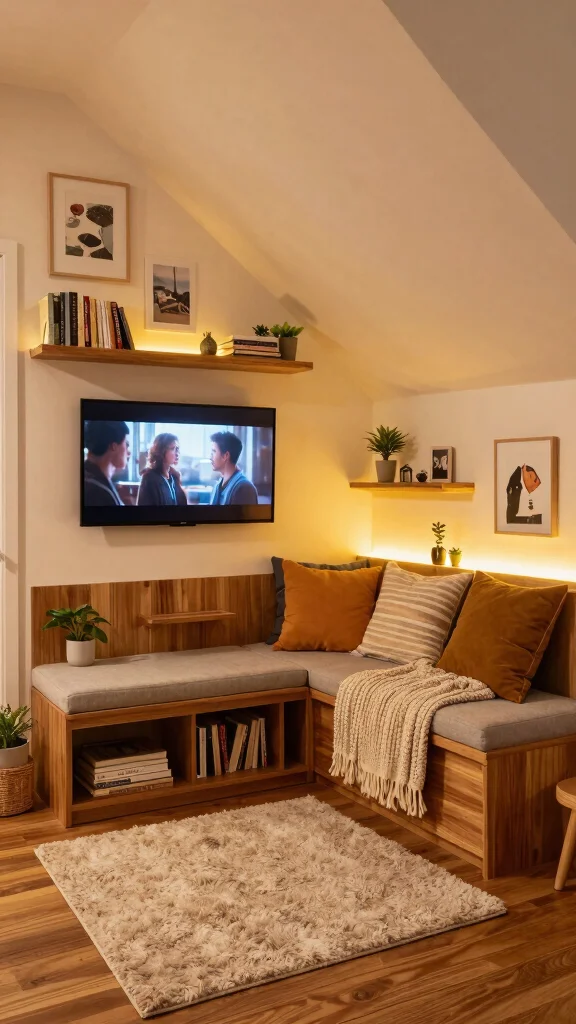 11 Attic TV Room Ideas With Sloped Ceilings for a Cozy Viewing Space - 1. Create a Media Nook 1
