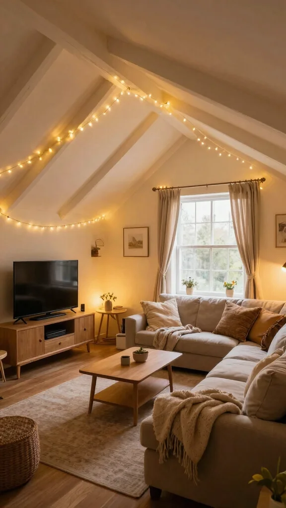 11 Attic TV Room Ideas With Sloped Ceilings for a Cozy Viewing Space - 3. Cozy Ambiance with String Lights 1