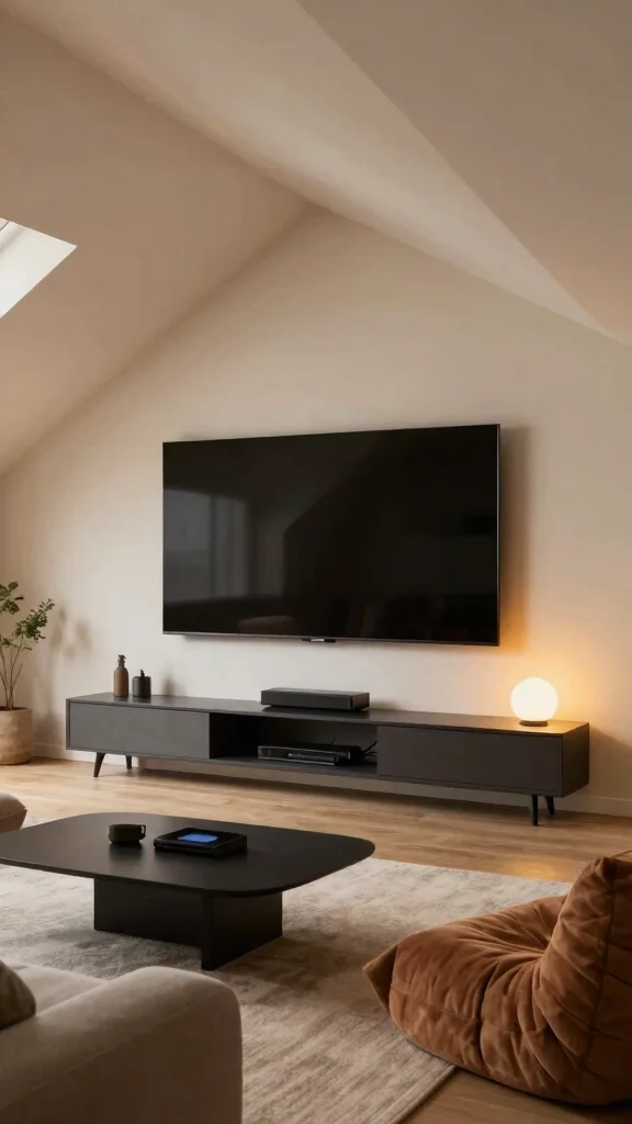 11 Attic TV Room Ideas With Sloped Ceilings for a Cozy Viewing Space - 8. Incorporate Hidden Tech 1