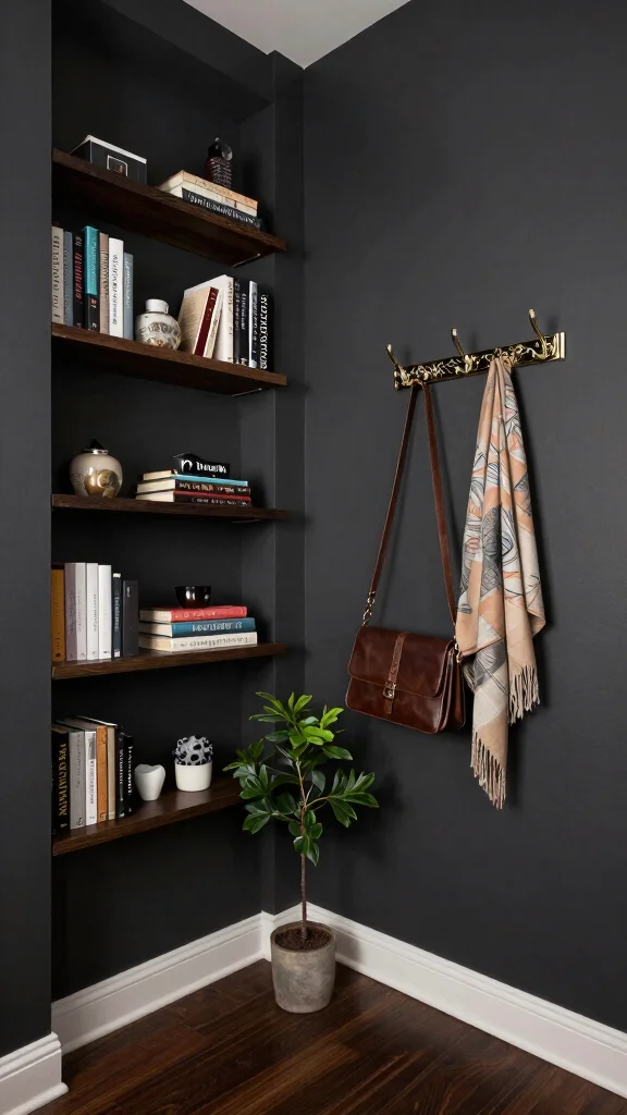 11 Dark Narrow Hallway Ideas for a Moody Dramatic Entrance - 8. Utilize Wall Storage 1