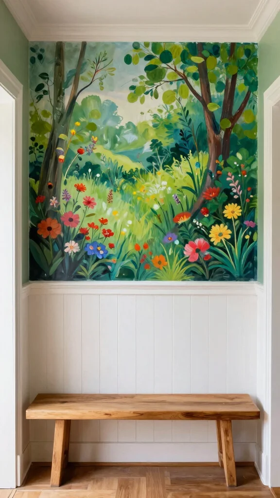 11 Entryway Board-and-Batten Wall Ideas for a Classic Charming Detail - 10. Artistic Murals Above Batten 1