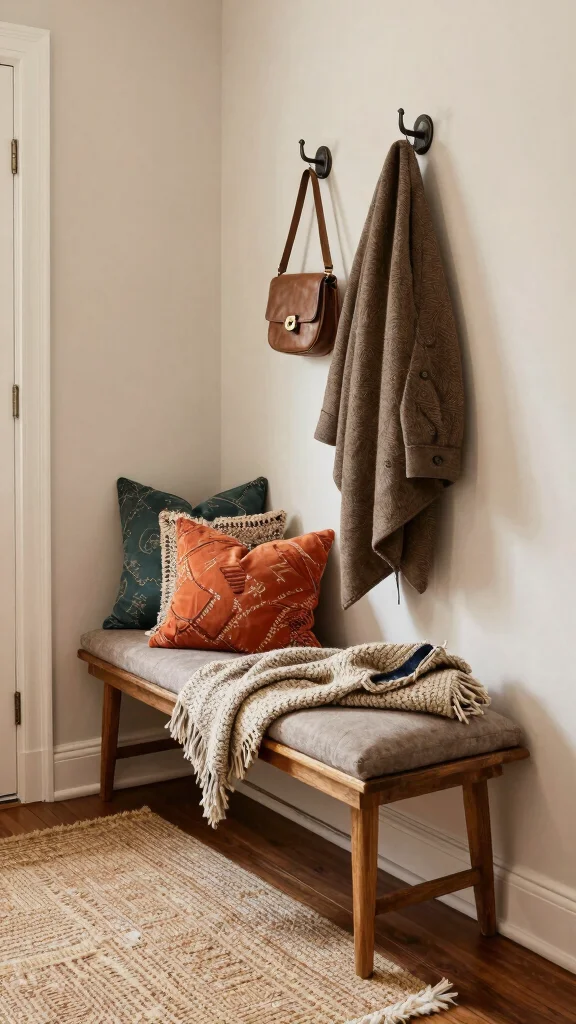 11 Entryway Drop Zone With Bench Ideas for a Complete Organized Space - 10. Layered Textures 1