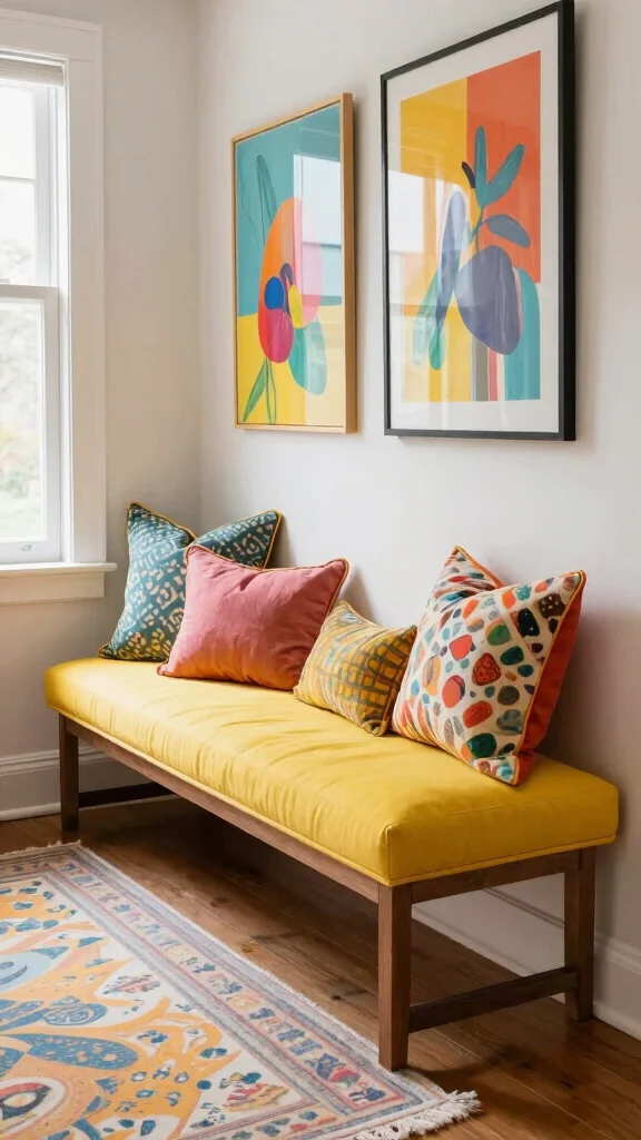 11 Entryway Drop Zone With Bench Ideas for a Complete Organized Space - 7. Colorful Accent Benches 1