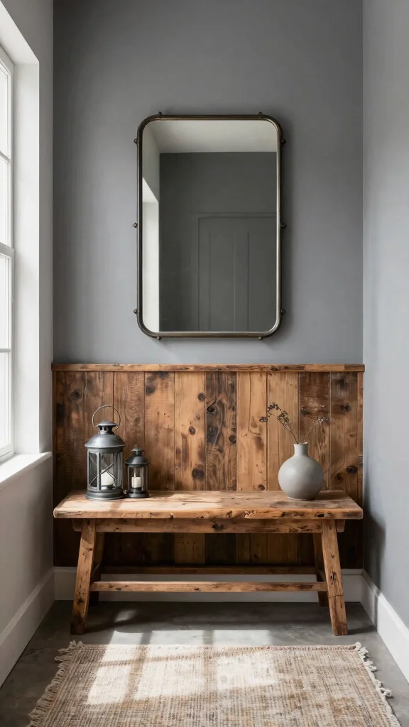 11 Entryway Half-Wall Paneling Ideas for a Textured Two-Tone Finish - 6. Vintage Industrial Vibes 1