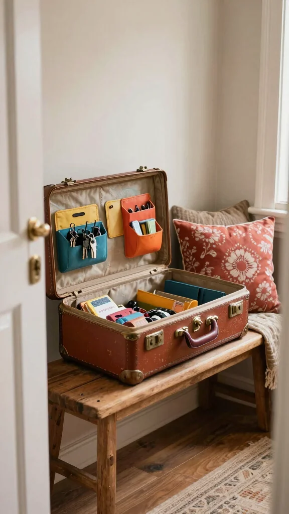 11 Entryway Key and Mail Holder Ideas for a Clutter-Free Organized Space - 3. Vintage Suitcase Storage 1
