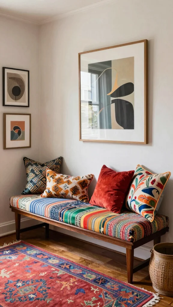 11 Entryway Upholstered Bench Ideas for a Comfortable Stylish Entrance - 11. Eclectic Style Bench 1