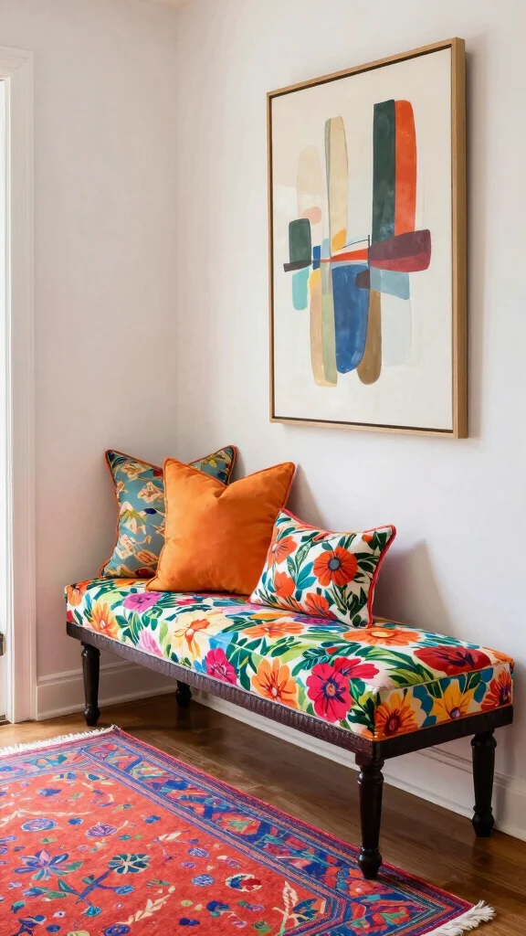 11 Entryway Upholstered Bench Ideas for a Comfortable Stylish Entrance - 3. Playful Patterns and Colors 1