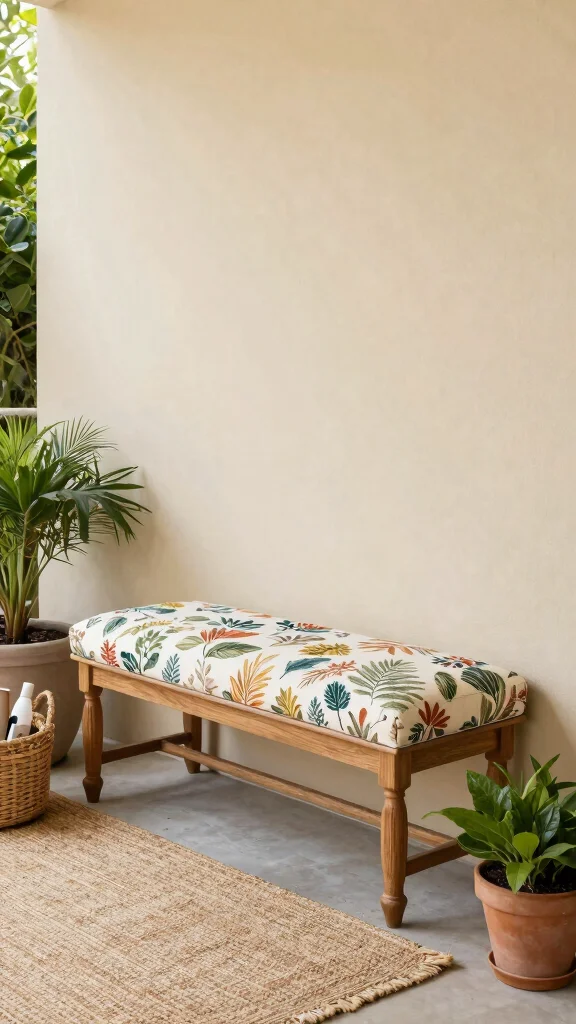 11 Entryway Upholstered Bench Ideas for a Comfortable Stylish Entrance - 8. Outdoor-Inspired Upholstered Bench 1