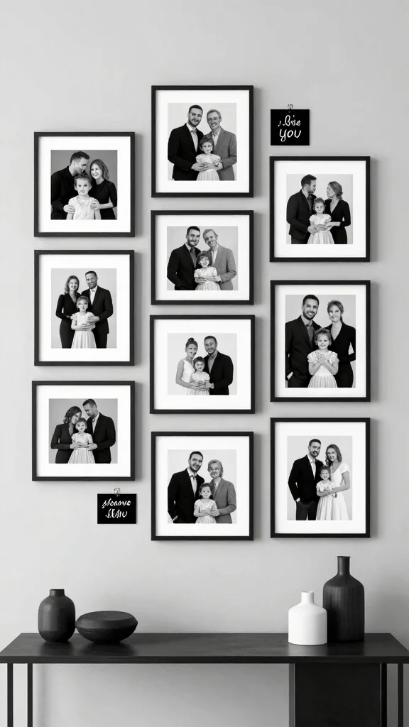 11 Hallway Family Picture Wall Ideas for a Personal Warm Display - 2. Black and White Elegance 1