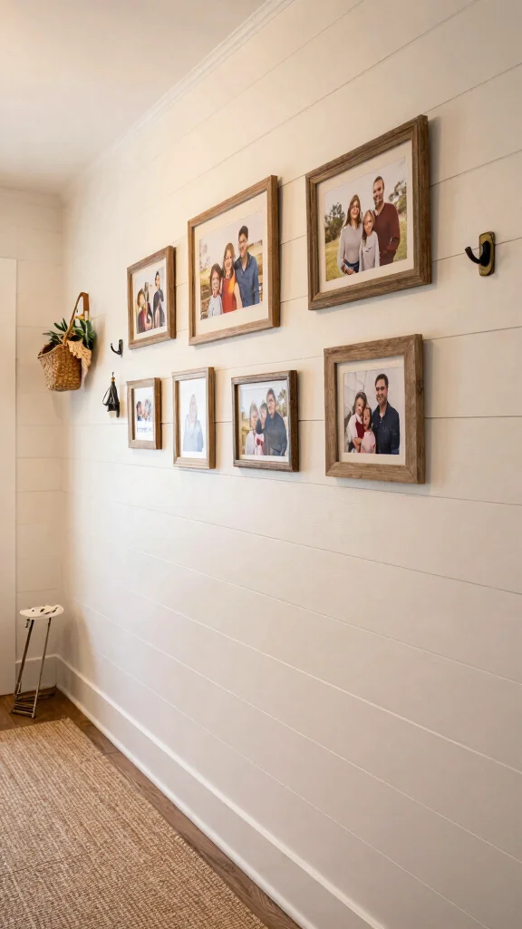 11 Hallway Family Picture Wall Ideas for a Personal Warm Display - 3. Shiplap and Rustic Charm 1