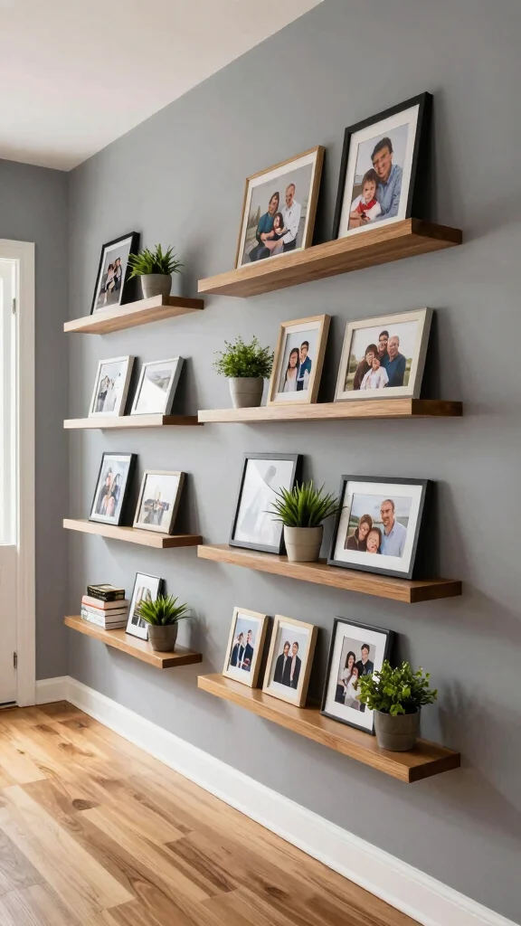 11 Hallway Family Picture Wall Ideas for a Personal Warm Display - 4. Floating Shelves with Candids 1