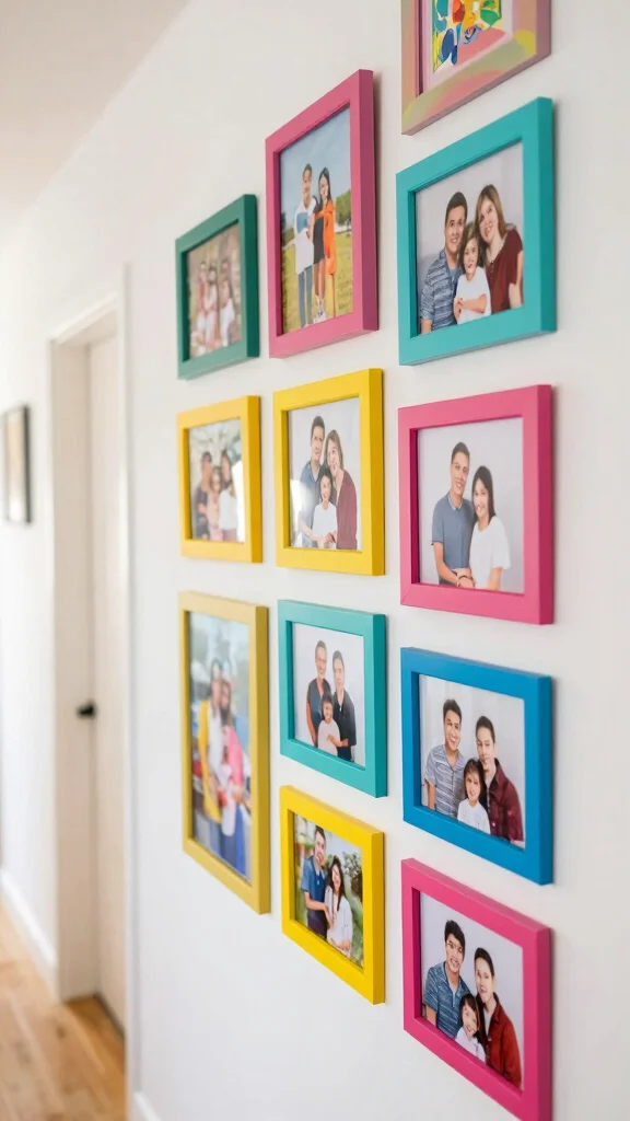 11 Hallway Family Picture Wall Ideas for a Personal Warm Display - 7. Color Pop Gallery 1