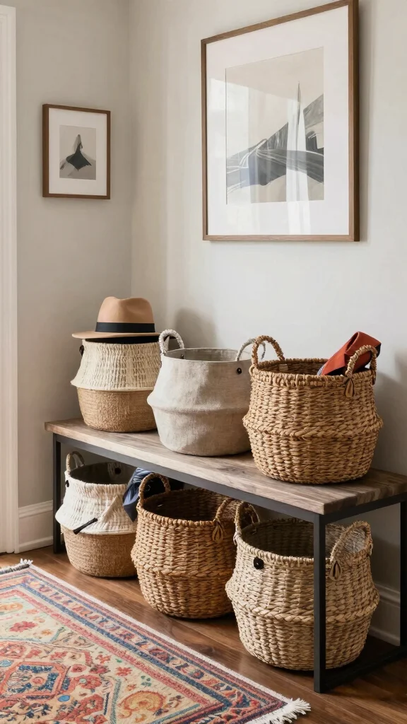 11 Hallway Jacket Storage Ideas for a Tidy Accessible Entrance - 5. Utilize Baskets for Quick Storage 1