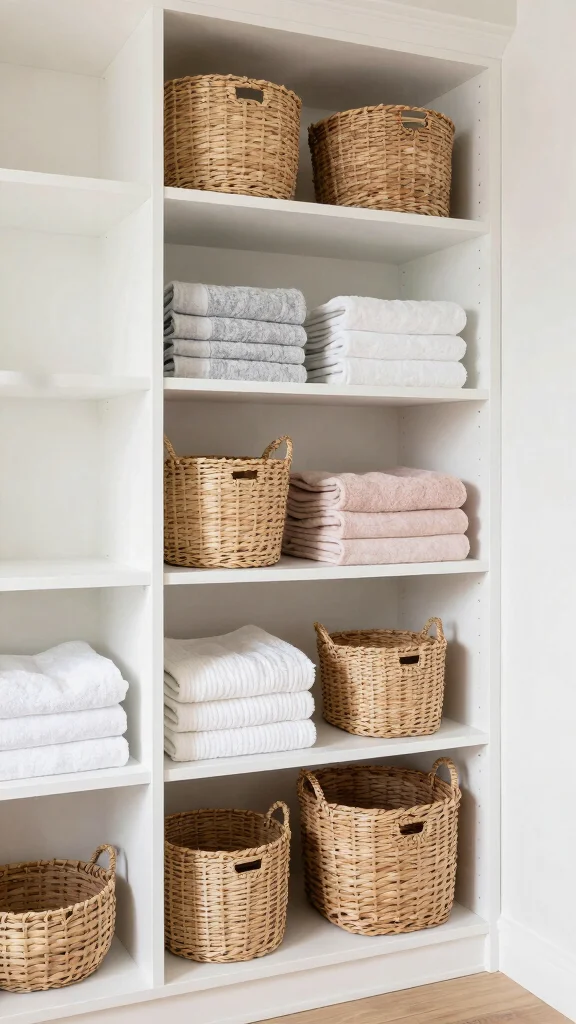 11 Hallway Linen Closet Built-In Ideas for a Seamless Organized Space - 3. Open Shelving with Decorative Baskets 1