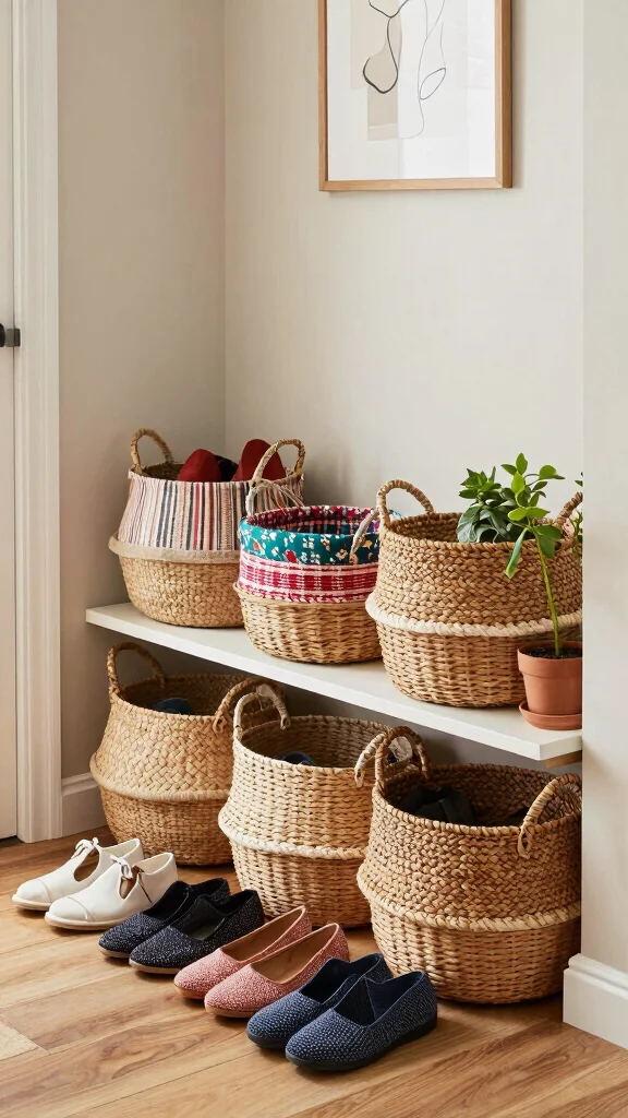 11 Small-Space Entryway Organization Ideas That Maximize Every Inch - 3. Stylish Baskets for Shoe Storage 1