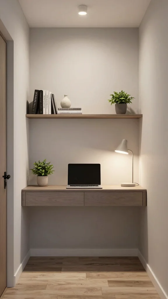 11 Small-Space Hallway Office Ideas for a Compact Functional Workspace - 1. Floating Desk for Minimalist Appeal 1