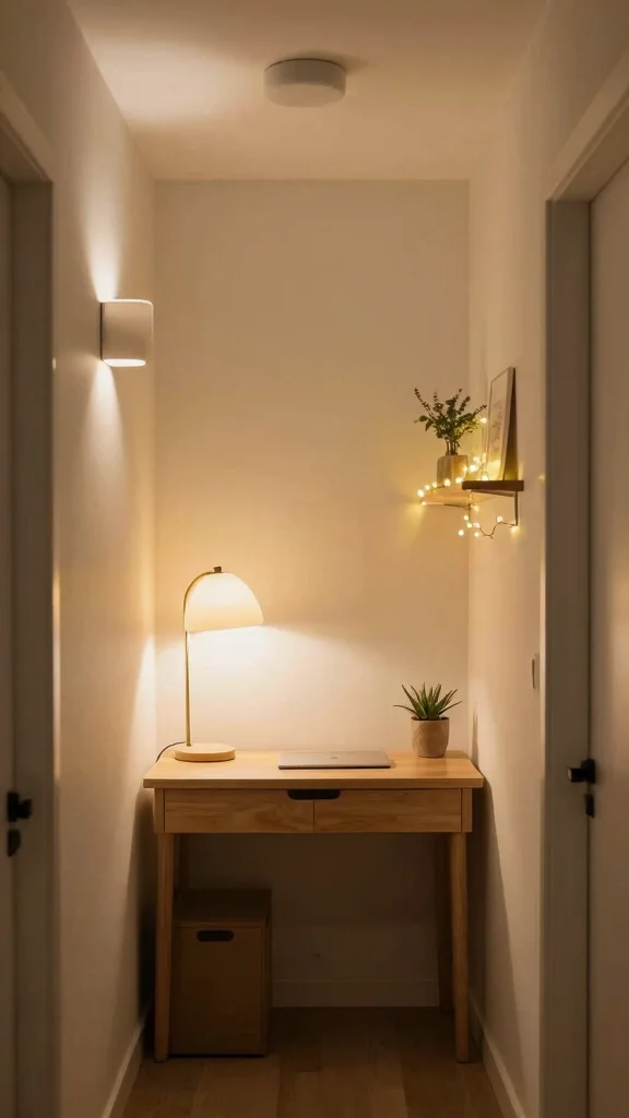 11 Small-Space Hallway Office Ideas for a Compact Functional Workspace - 10. Soft Lighting for Ambiance 1