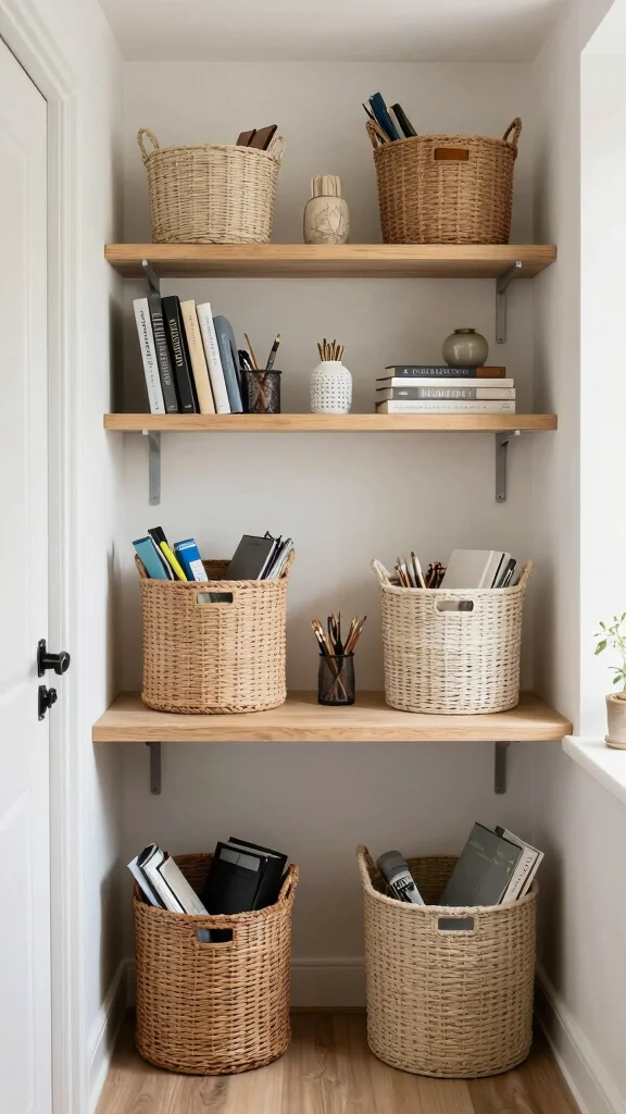 11 Small-Space Hallway Office Ideas for a Compact Functional Workspace - 11. Keep It Organized with Baskets 1