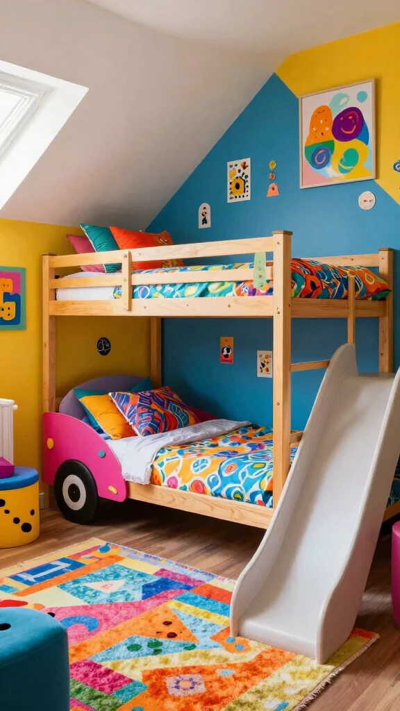 12 Attic Bunk Room Ideas With Sloped Ceilings for a Space-Smart Kids Room - 5. Colorful Quirky Space 1