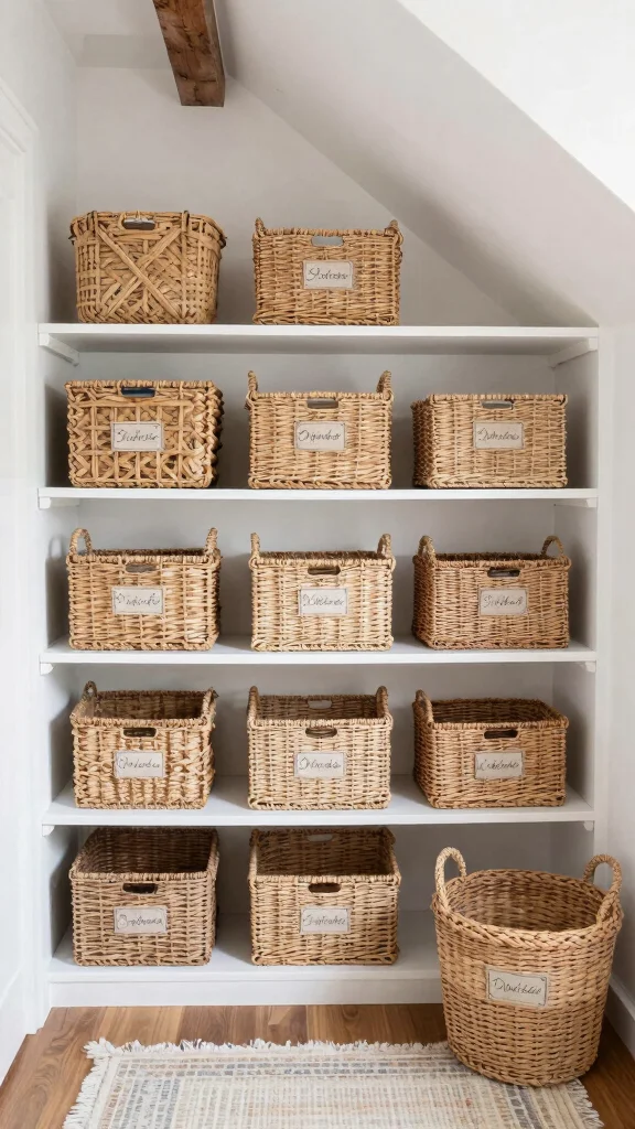 12 Attic Closet Ideas With Angled Ceilings for a Tidy Smart Storage - 3. Chic Baskets for Organized Storage 1