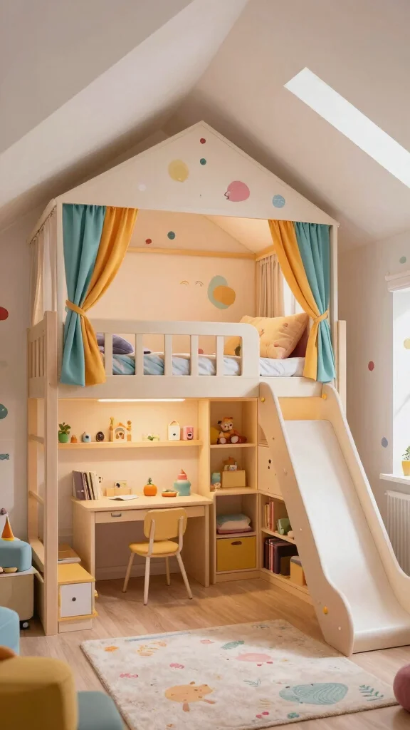 12 Attic Kids Room Ideas With Sloped Ceilings for a Cozy Fun Space - 3. Playful Loft Bed 1