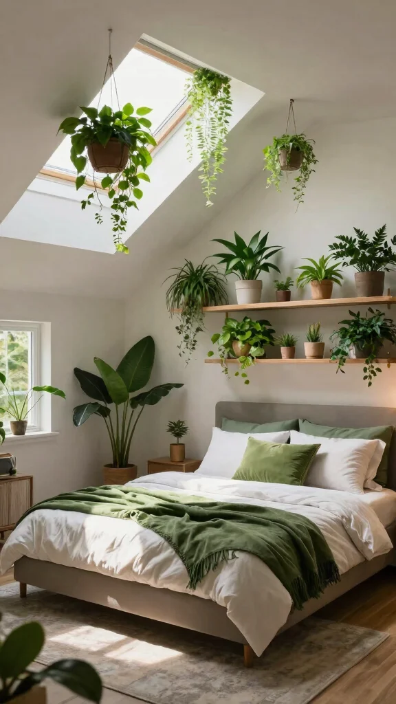 12 Attic Master Suite Ideas With Angled Ceilings for a Luxurious Space - 11. Incorporate Greenery for Freshness 1