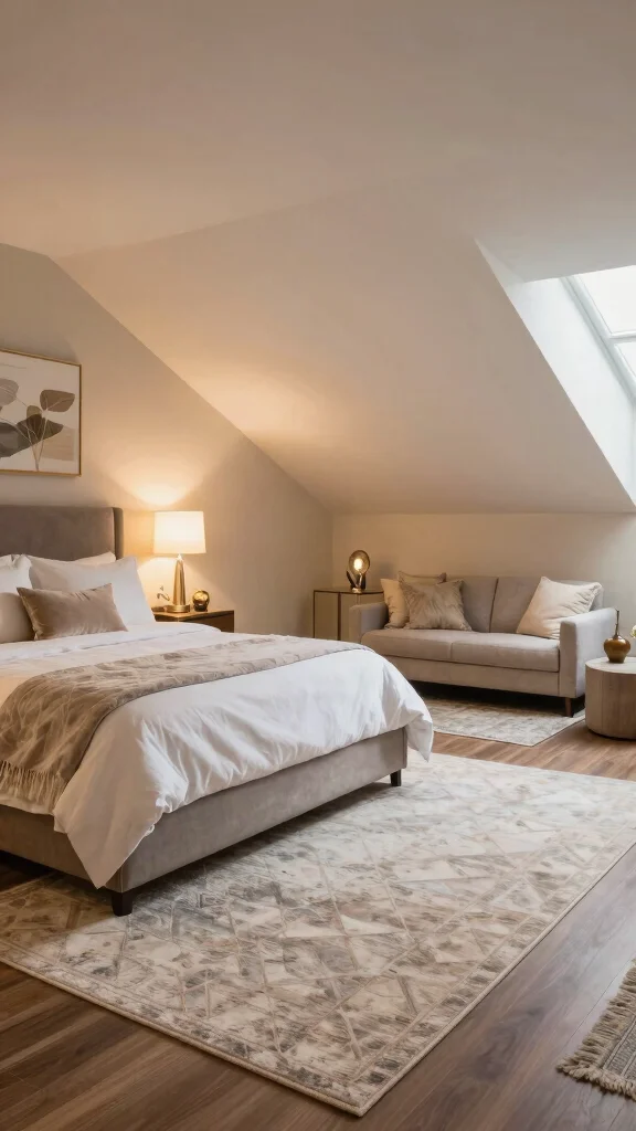 12 Attic Master Suite Ideas With Angled Ceilings for a Luxurious Space - 8. Cozy Rugs for Warmth and Texture 1