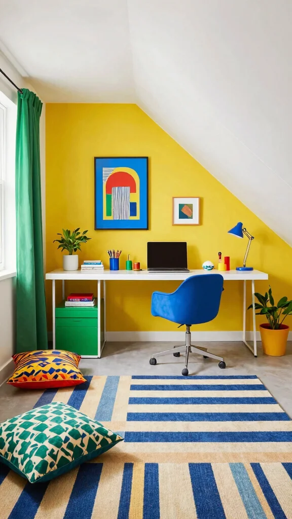 12 Attic Office Ideas With Sloped Ceilings for a Functional Stylish Space - 11. Playful Color Scheme and Patterns 1