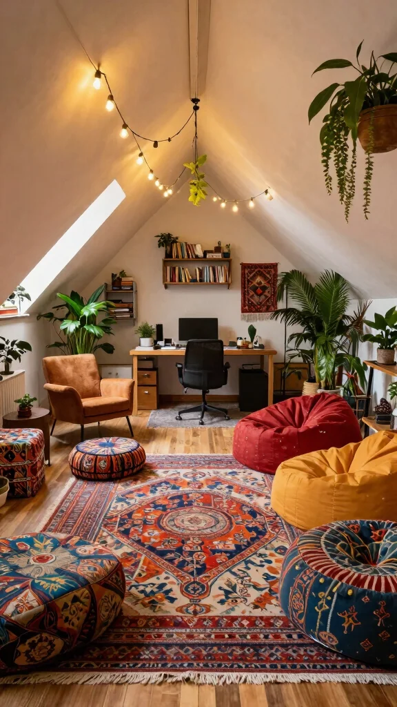 12 Attic Office Ideas With Sloped Ceilings for a Functional Stylish Space - 5. Bohemian Vibes with Textiles 1