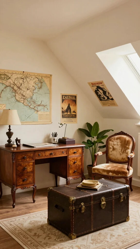 12 Attic Office Ideas With Sloped Ceilings for a Functional Stylish Space - 6. Vintage Charm with Antique Furniture 1