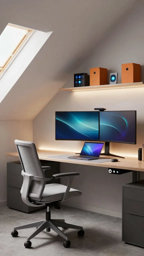 12 Attic Office Ideas With Sloped Ceilings for a Functional Stylish Space - 8. Tech-Savvy and Modern Office 1