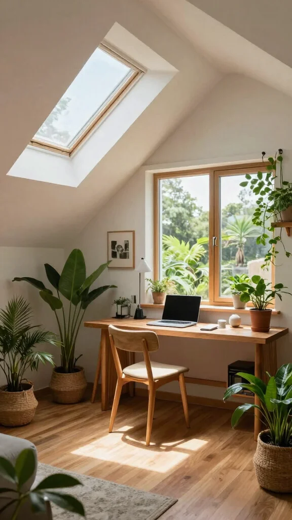 12 Attic Office Ideas With Sloped Ceilings for a Functional Stylish Space - 9. Nature-Inspired Retreat 1