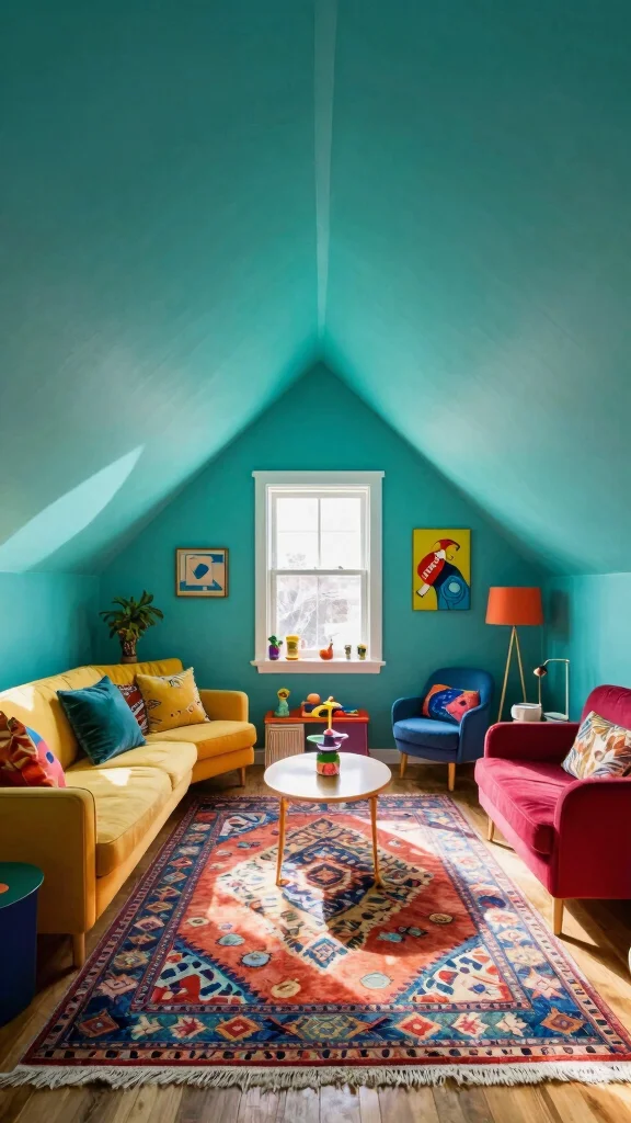 12 Attic Paint Ideas for Sloped Ceilings for a Beautiful Bright Space - 7. Funky Teal for a Creative Vibe 1