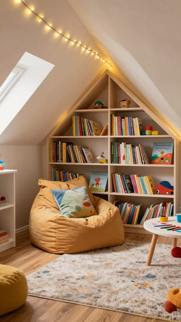 12 Attic Playroom Ideas With Sloped Ceilings for a Smart Kids Space - 1. Cozy Reading Nook Under the Eaves 1