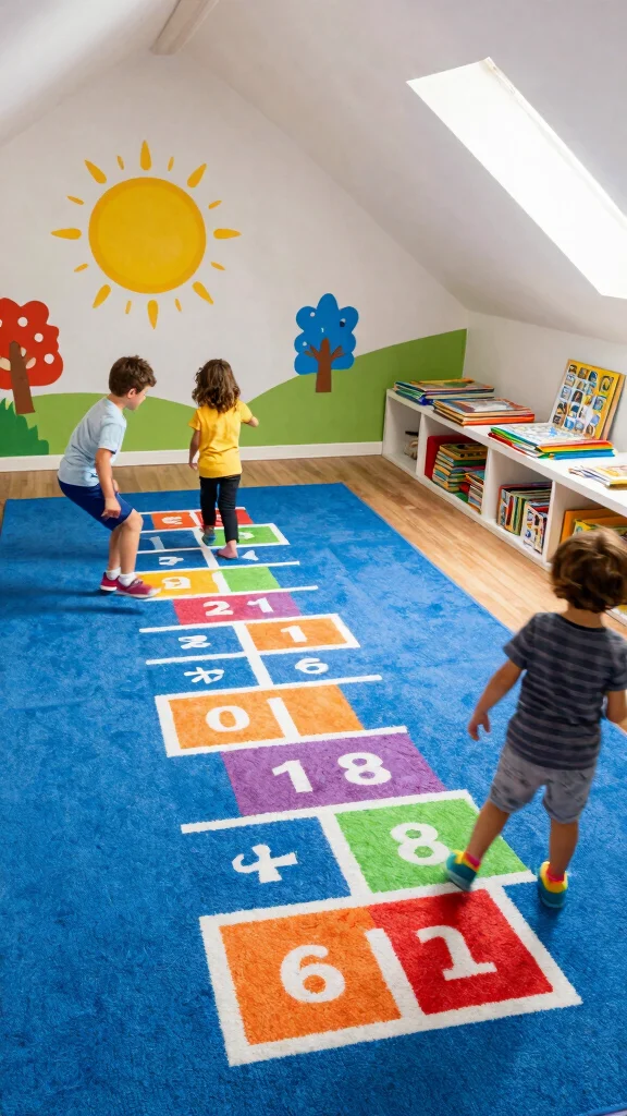 12 Attic Playroom Ideas With Sloped Ceilings for a Smart Kids Space - 7. Interactive Floor Games 1