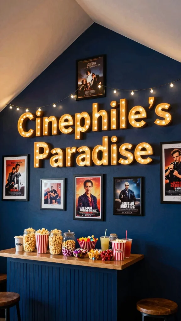 12 Attic TV Room Ideas for a Comfortable Stylish Top-Floor Lounge - 2. Movie Marquee Wall 1