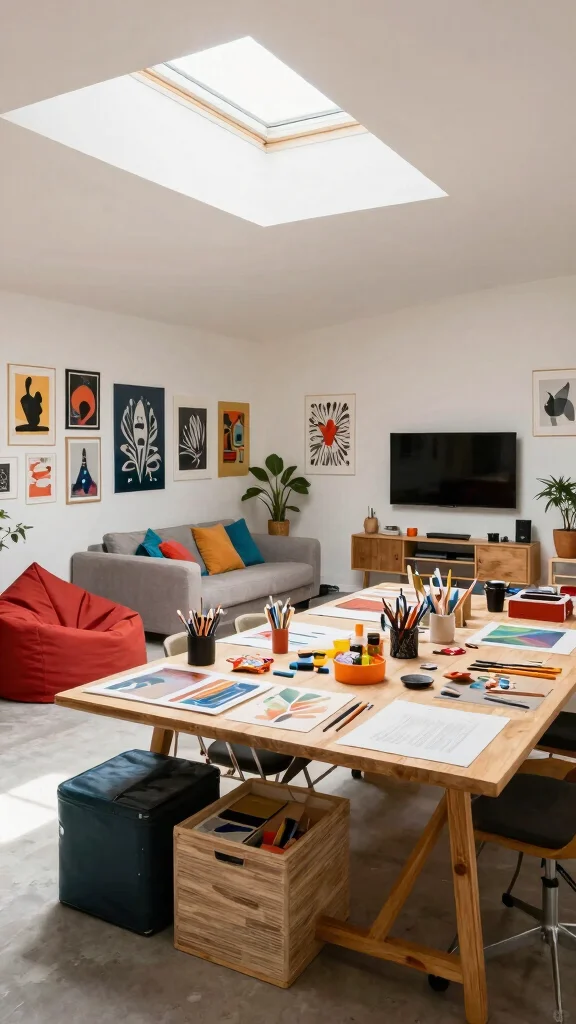 12 Attic TV Room Ideas for a Comfortable Stylish Top-Floor Lounge - 8. Artsy Creative Space 1