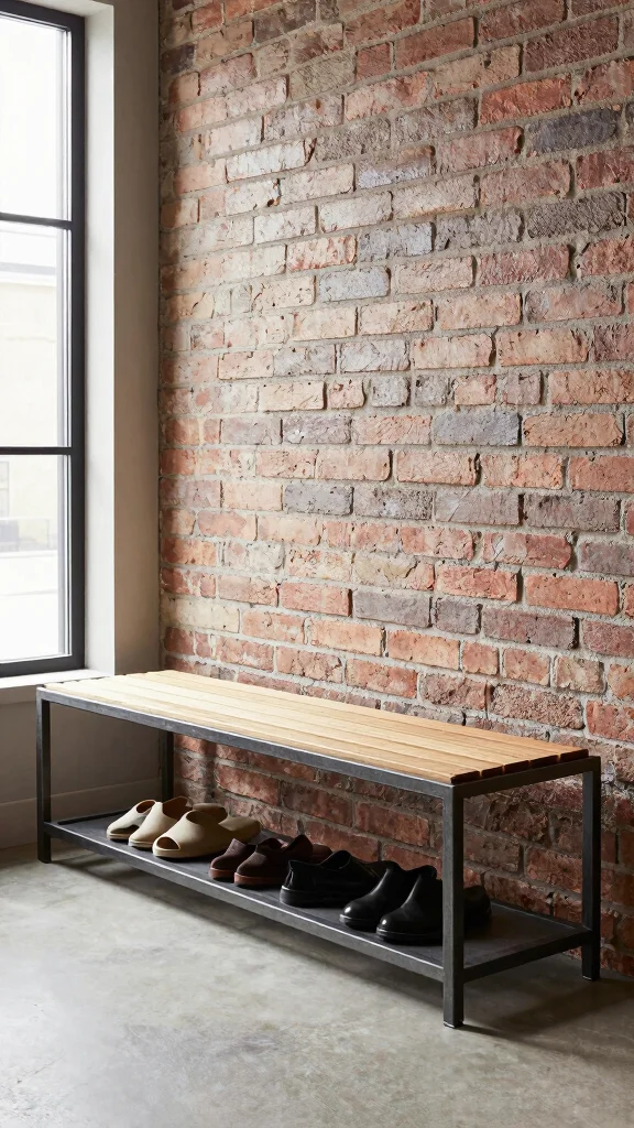 12 Entryway Bench With Shoe Storage Ideas for a Tidy Functional Space - 3. Industrial-Style Metal Bench 1