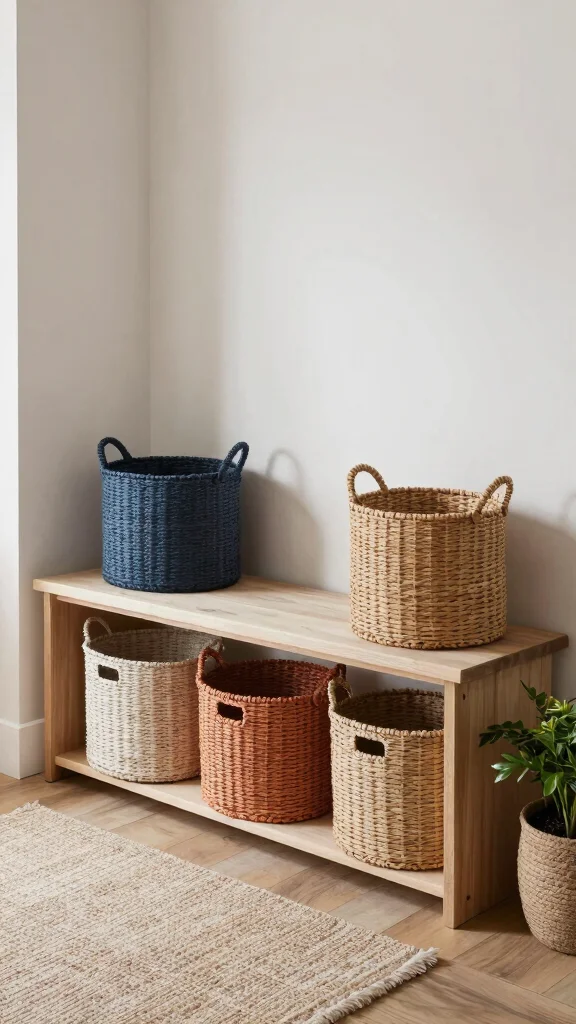 12 Entryway Bench With Shoe Storage Ideas for a Tidy Functional Space - 8. Stylish Bench with Baskets 1