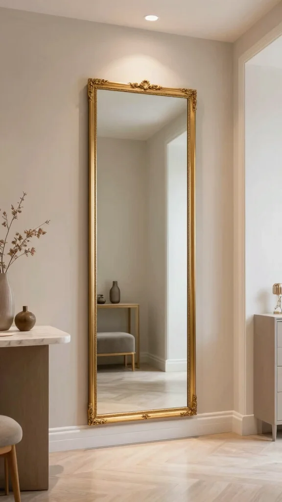 12 Full-Length Hallway Mirror Ideas for a Spacious Light-Filled Entrance - 3. Statement Gold Trimmed Mirror 1