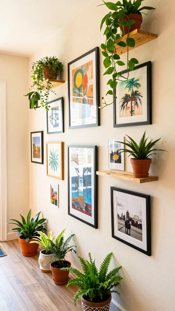 12 Hallway Gallery Wall Ideas for a Personal Curated Wall Display - 8. Art with Plants 1