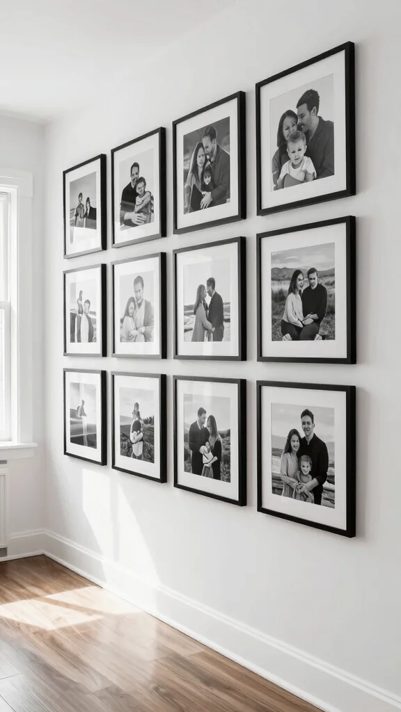 12 Hallway Photo Wall Concepts for a Memory-Filled Beautiful Display - 2. Black and White Elegance 1