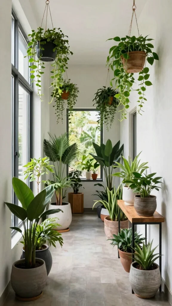 12 Upstairs Hallway Decor Ideas for a Styled Personal Upper Level - 7. Greenery Galore 1
