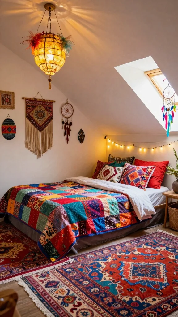 13 Attic Bedroom Ideas With Angled Ceilings for a Cozy Unique Space - 2. Bohemian Retreat with Colorful Textiles 1