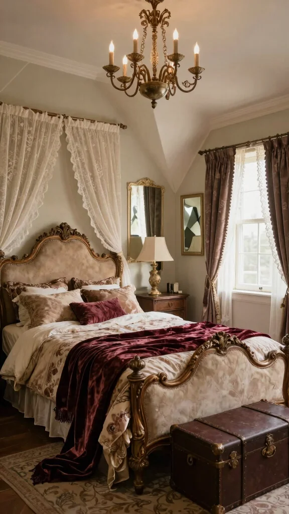 13 Attic Bedroom Ideas With Angled Ceilings for a Cozy Unique Space - 5. Vintage Glam with Antique Accents 1