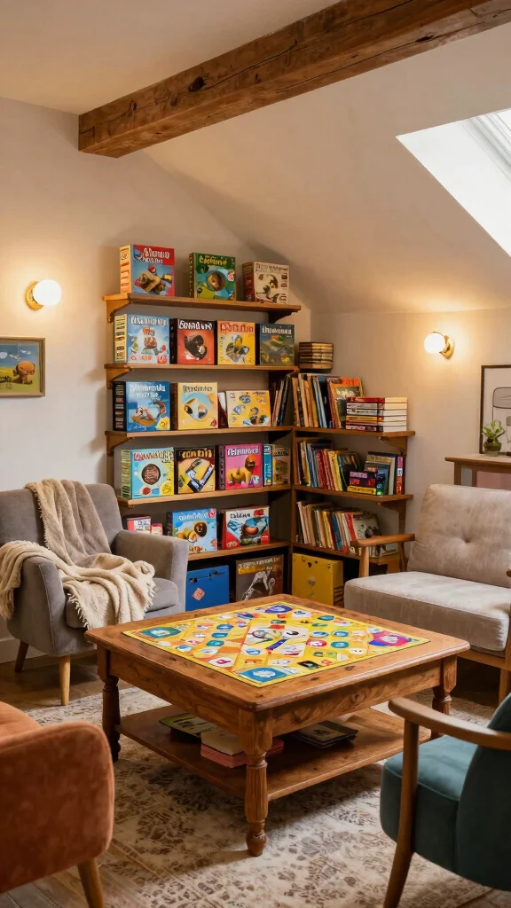 13 Attic Game Room Ideas for a Fun Dedicated Top-Floor Entertainment Space - 1. Retro Board Game Corner 1